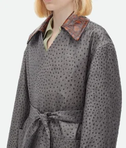 Ostrich-Effect Leather Belted Coat