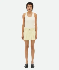 Yellow Wash Denim Pleated Mini Skirt